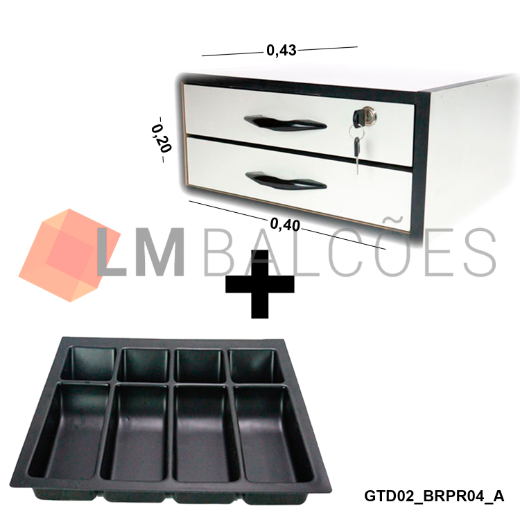 Gaveta Dupla Branco com Preto MDF + Porta Nota  - 0,43 x 0,20 x 0,40 1