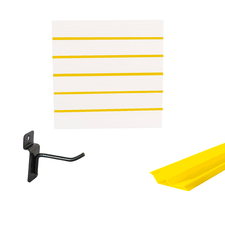 Painel Canaletado em Mdf 0,61 x 0,61m Branco com Perfil Pvc Amarelo e 10 Ganchos de 5cm Preto 1