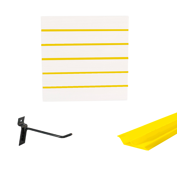 Painel Canaletado em Mdf 0,61 x 0,61m Branco com Perfil Pvc Amarelo e 20 Ganchos de 10cm Preto 1