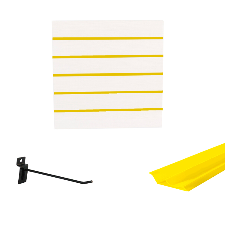 Painel Canaletado em Mdf 0,61 x 0,61m Branco com Perfil Pvc Amarelo e 10 Ganchos de 15cm Preto 1