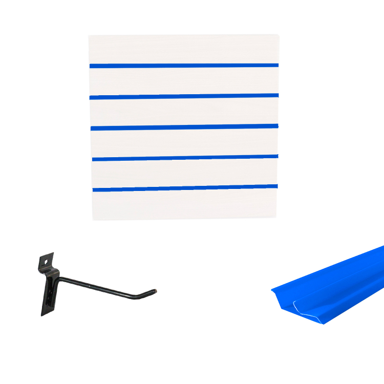 Painel Canaletado em Mdf 0,61 x 0,61m Branco com Perfil Pvc Azul e 10 Ganchos de 10cm Preto 1