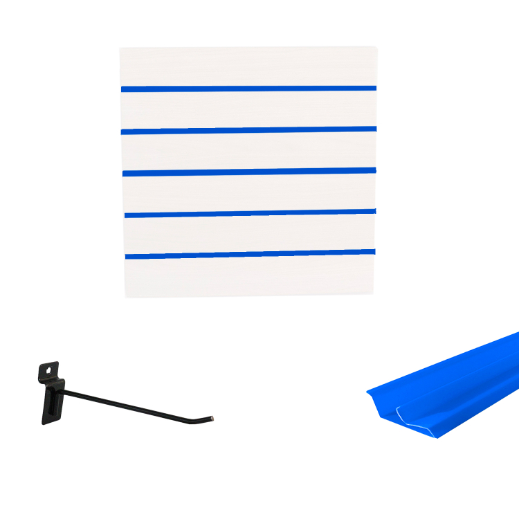 Painel Canaletado em Mdf 0,61 x 0,61m Branco com Perfil Pvc Azul e 10 Ganchos de 15cm Preto 1