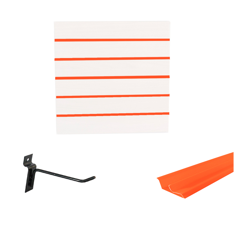 Painel Canaletado em Mdf 0,61 x 0,61m Branco com Perfil Pvc Laranja e 10 Ganchos de 10cm Preto 1