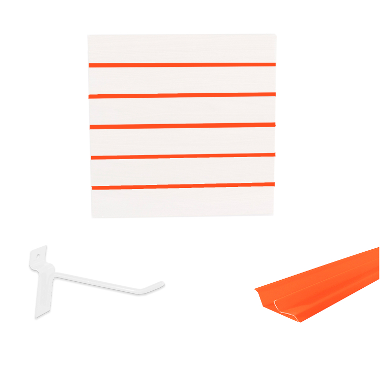 Painel Canaletado em Mdf 0,61 x 0,61m Branco com Perfil Pvc Laranja e 20 Ganchos de 10cm Branco 1