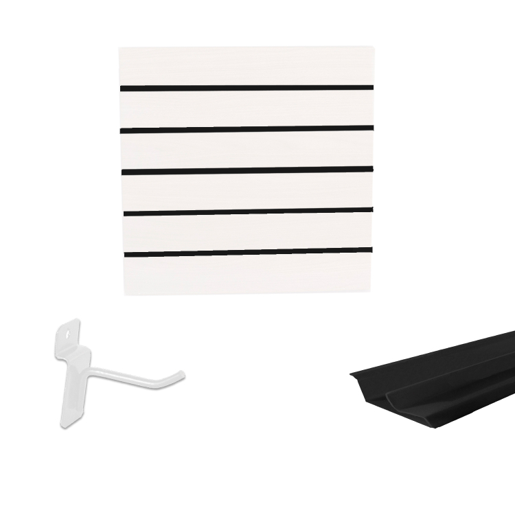 Painel Canaletado em Mdf 0,61 x 0,61m Branco + Perfil Preto + 10 Ganchos de 5cm Branco 1