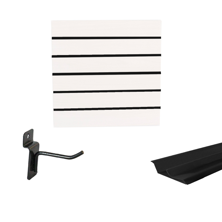 Painel Canaletado em Mdf 0,61 x 0,61m Branco com Perfil Pvc Preto e 10 Ganchos de 5cm Preto 1
