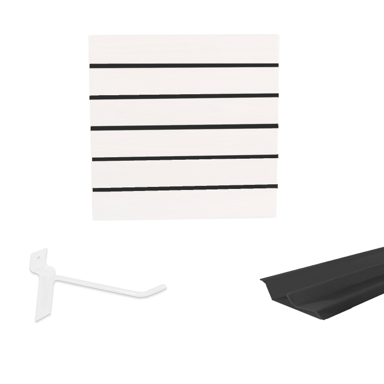 Painel Canaletado em Mdf 0,61 x 0,61m Branco com Perfil Pvc Preto e 20 Ganchos de 10cm Branco 1