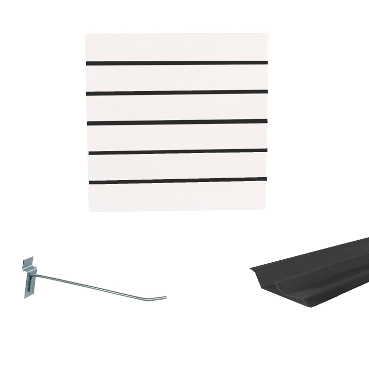 Painel Canaletado em Mdf 0,61 x 0,61m Branco com Perfil Pvc Preto e 10 Ganchos de 20cm Zincado 1