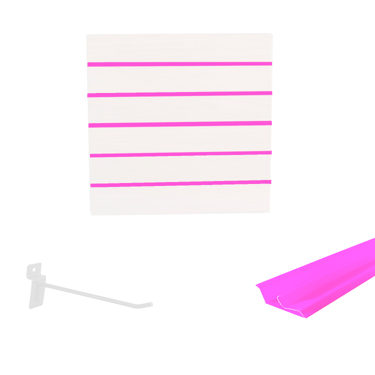 Painel Canaletado em Mdf 0,61 x 0,61m Branco com Perfil Pvc Rosa e 20 Ganchos de 20cm Branco 1
