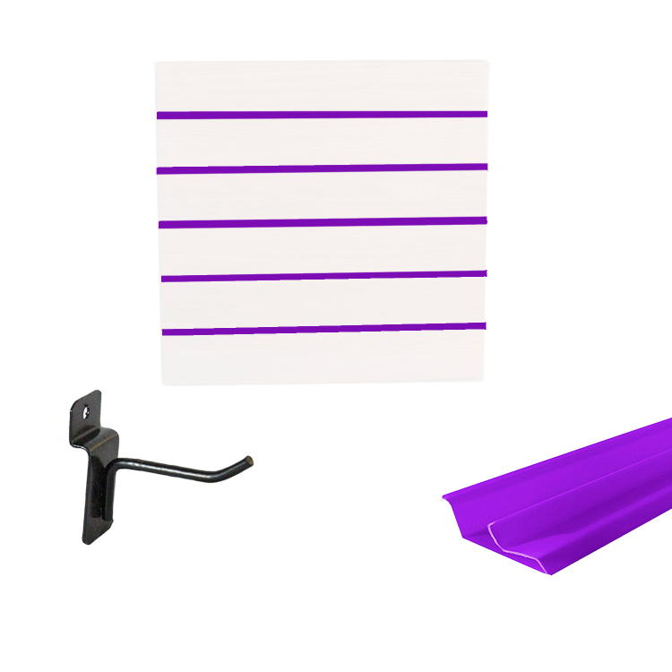 Painel Canaletado em Mdf 0,61 x 0,61m Branco com Perfil Pvc Roxo e 10 Ganchos de 5cm Preto 1