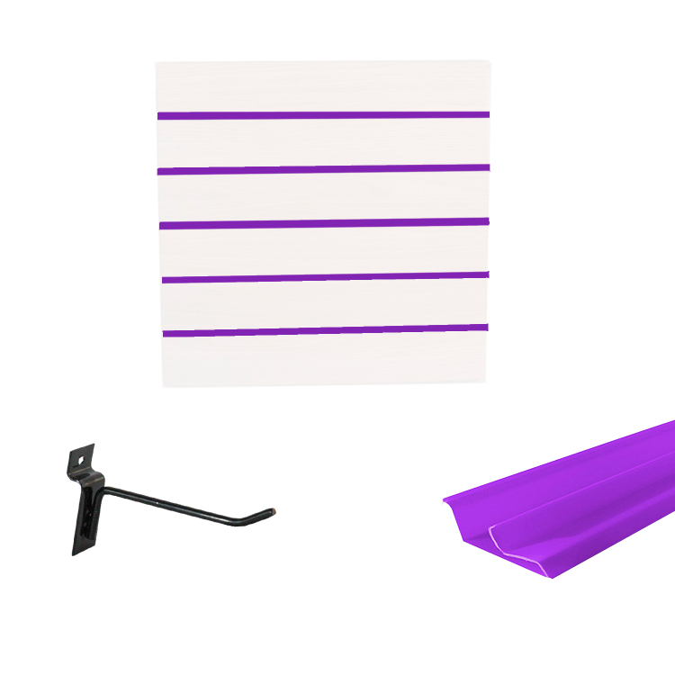 Painel Canaletado em Mdf 0,61 x 0,61m Branco com Perfil Pvc Roxo e 20 Ganchos de 10cm Preto 1