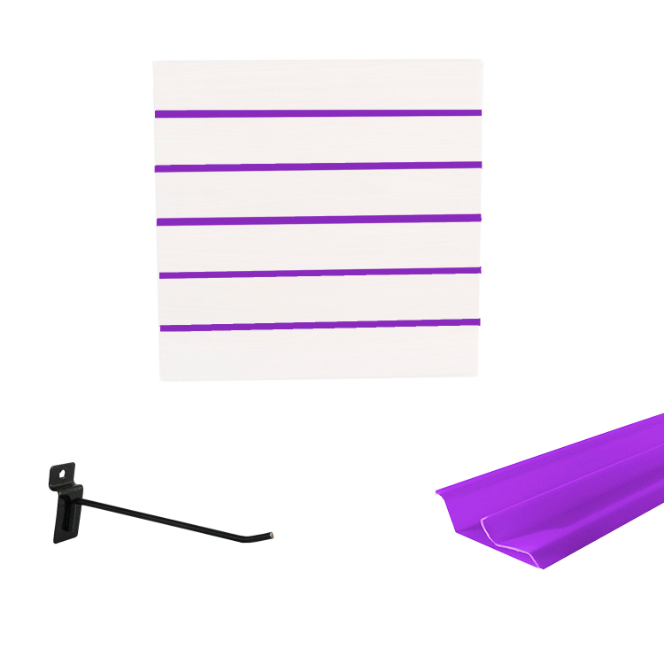 Painel Canaletado em Mdf 0,61 x 0,61m Branco com Perfil Pvc Roxo e 20 Ganchos de 15cm Preto 1