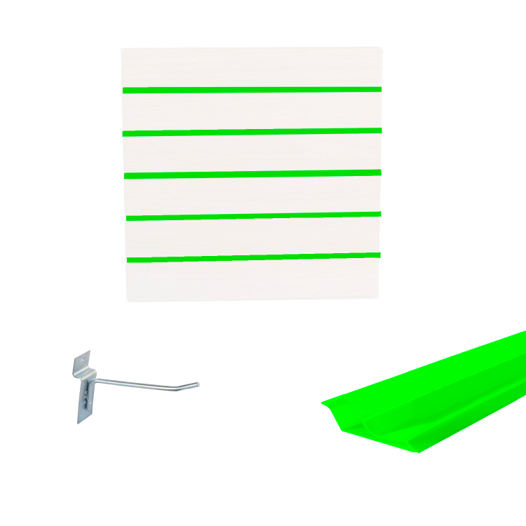 Painel Canaletado em Mdf 0,61 x 0,61m Branco com Perfil Pvc Verde Limão e 10 Ganchos de 10cm Zincado 1