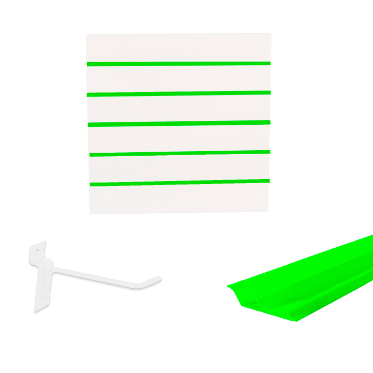 Painel Canaletado em Mdf 0,61 x 0,61m Branco com Perfil Pvc Verde Limão e 20 Ganchos de 10cm Branco 1