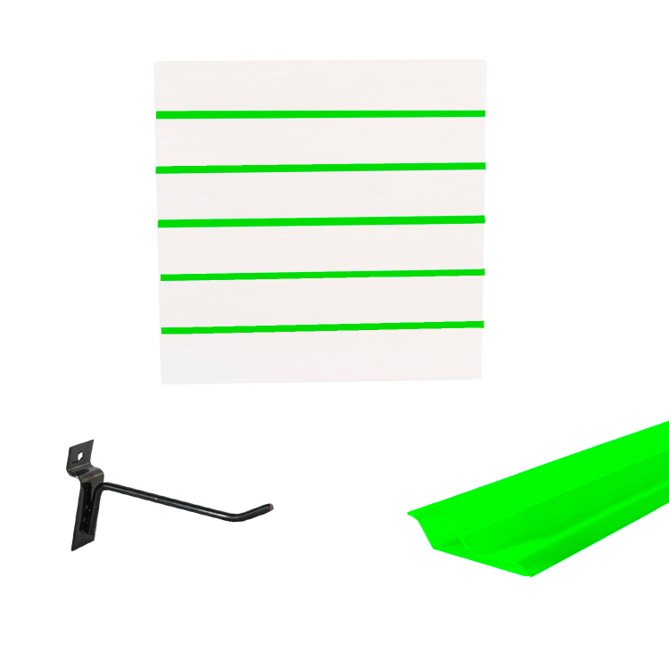 Painel Canaletado em Mdf 0,61 x 0,61m Branco com Perfil Pvc Verde Limão e 20 Ganchos de 10cm Preto 1