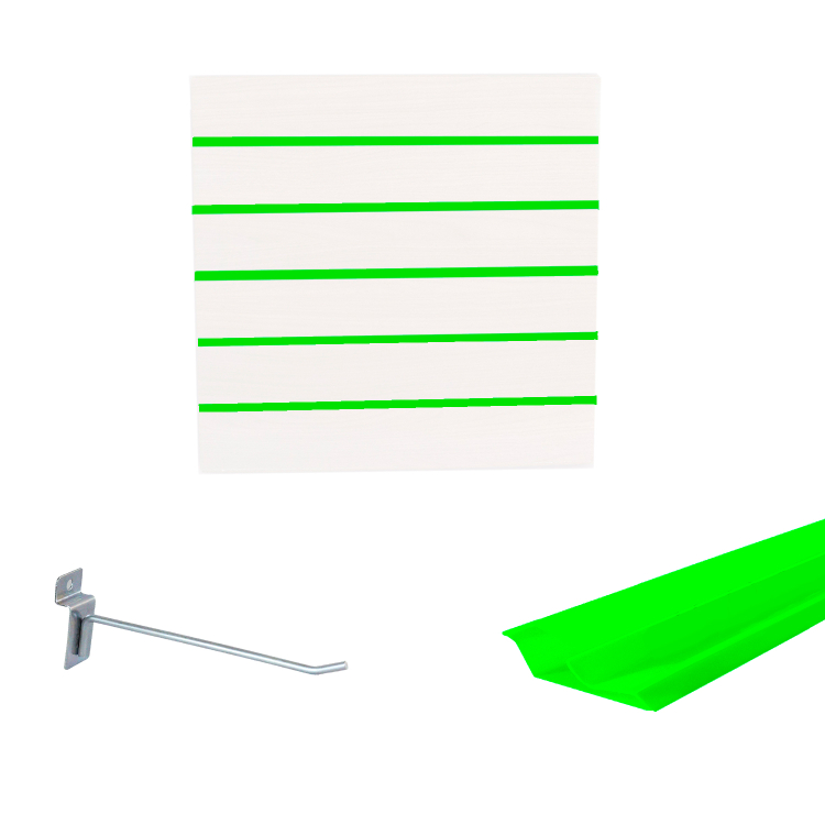 Painel Canaletado em Mdf 0,61 x 0,61m Branco com Perfil Pvc Verde Limão e 10 Ganchos de 15cm Zincado 1