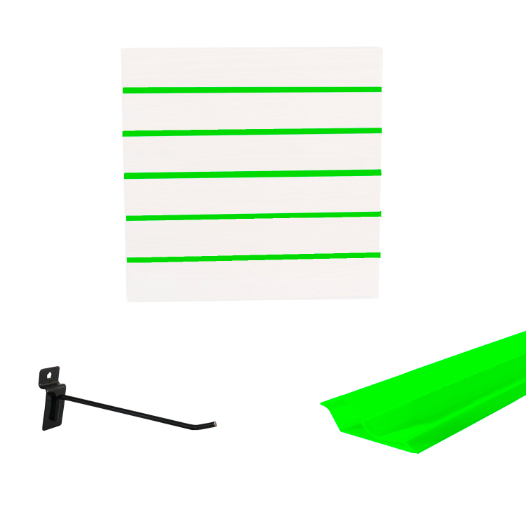 Painel Canaletado em Mdf 0,61 x 0,61m Branco com Perfil Pvc Verde Limão e 20 Ganchos de 15cm Preto 1