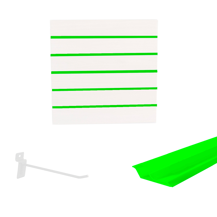 Painel Canaletado em Mdf 0,61 x 0,61m Branco com Perfil Pvc Verde Limão e 20 Ganchos de 20cm Branco 1