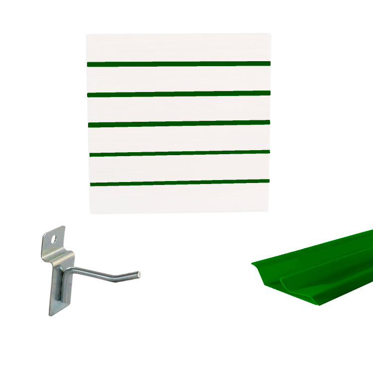 Painel Canaletado em Mdf 0,61 x 0,61m Branco + Perfil Verde + 10 Ganchos de 5cm Zincado 1