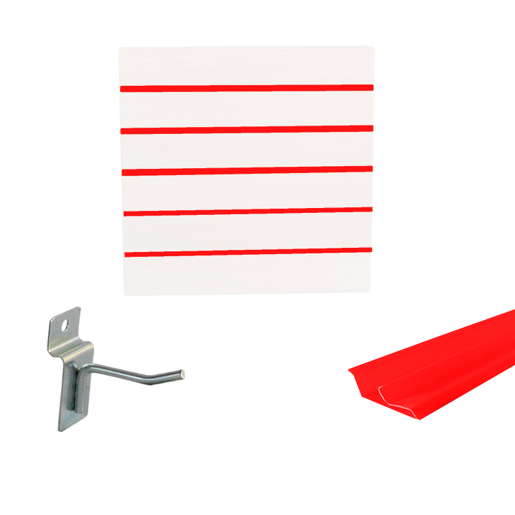 Painel Canaletado Branco em Mdf 0,61 x 0,61m com Perfil Pvc Vermelho e 10 Ganchos de 5cm Zincado 1