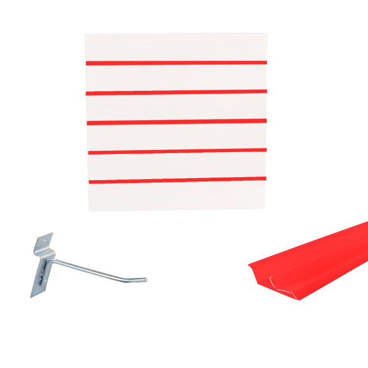 Painel Canaletado em Mdf 0,61 x 0,61m Branco com Perfil Pvc Vermelho e 20 Ganchos de 10cm Zincado 1
