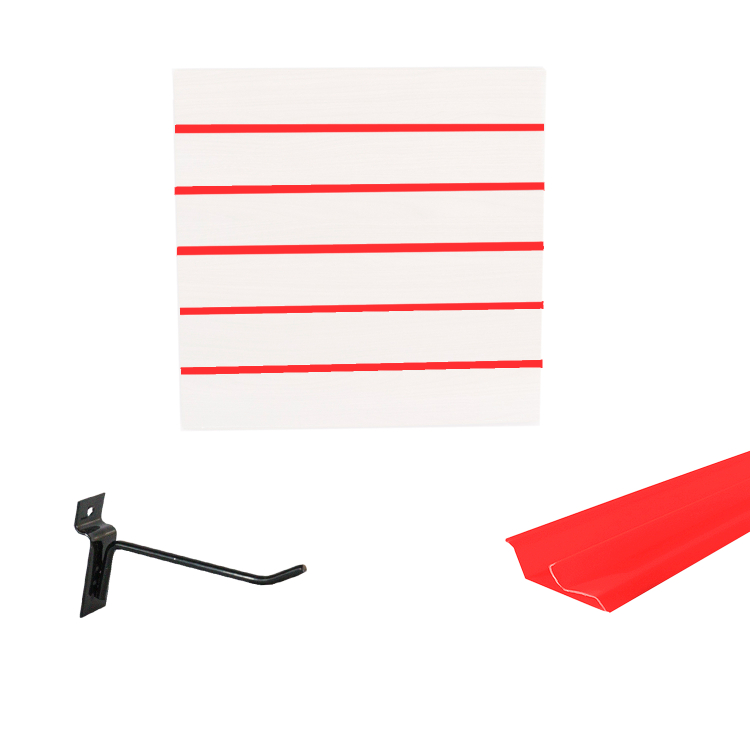 Painel Canaletado em Mdf 0,61 x 0,61m Branco com Perfil Pvc Vermelho e 20 Ganchos de 10cm Preto 1