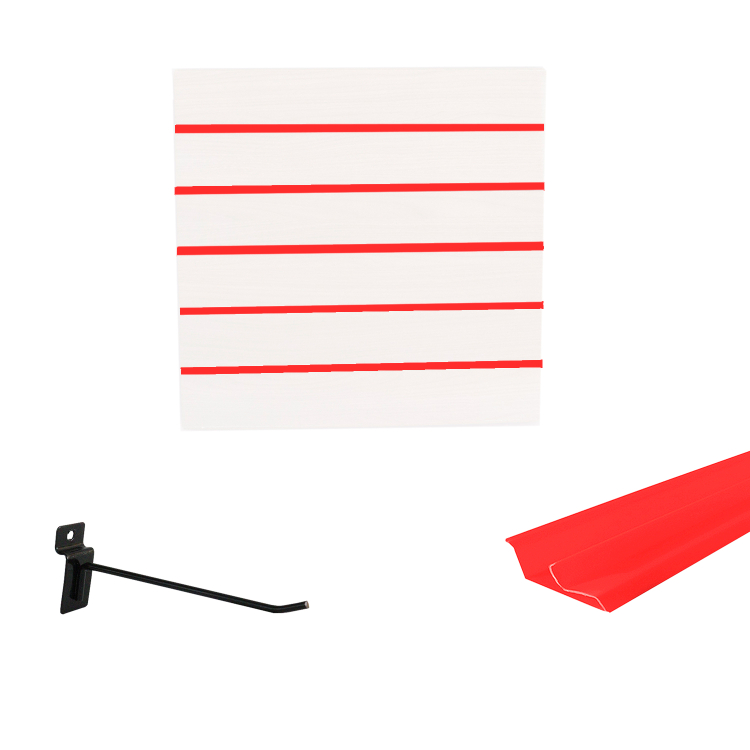 Painel Canaletado em Mdf 0,61 x 0,61m Branco com Perfil Pvc Vermelho e 20 Ganchos de 15cm Preto 1