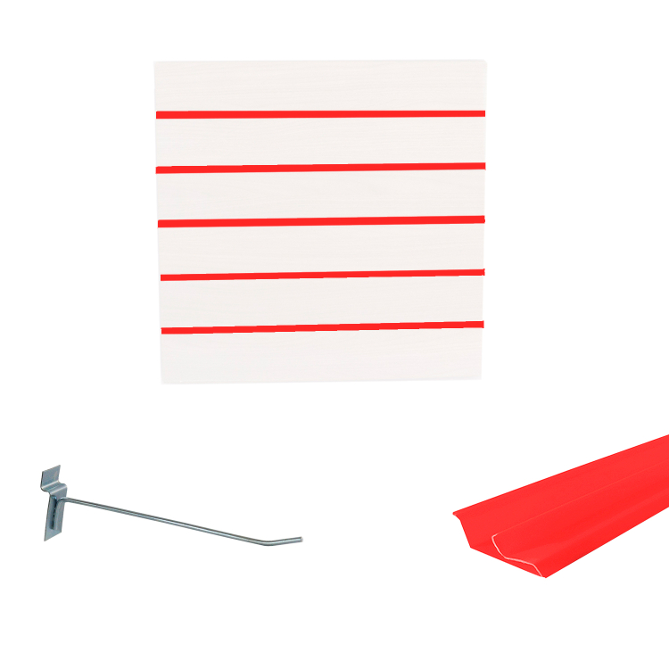 Painel Canaletado em Mdf 0,61 x 0,61m Branco com Perfil Pvc Vermelho e 20 Ganchos de 20cm Zincado 1