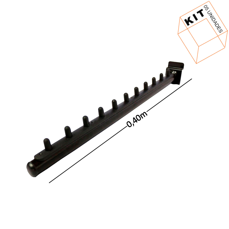 Suporte Cabideiro Preto Rt Inclinado Painel Canaletado 40cm - 05 Unid.